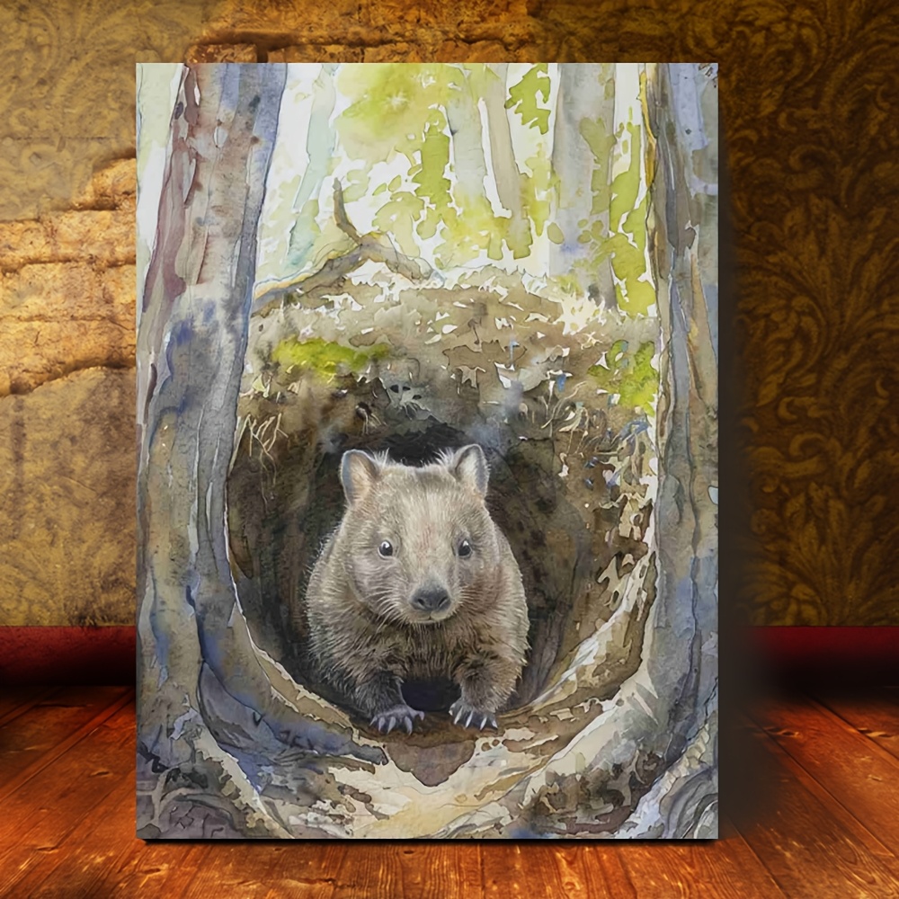 TEMU 2d Flat, 2d 1pc Wombat Forest Canvas Wall Art - 11.8x15.7" Vintage Australian Wildlife Print With Wooden Frame, Nursery & Living Room Decor