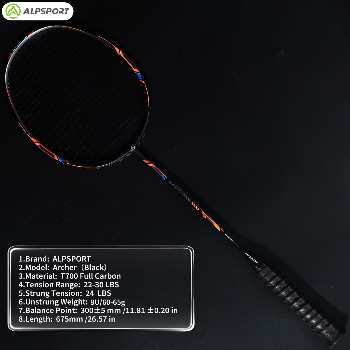 E-shop ALPSPORT Archer T700 Pro Vollcarbon Badmintonschläger - Leichtgewicht 8U Ultra-Dünner Schaft Schneller , Vorgespannte & Griffbandage, 22-30LBS