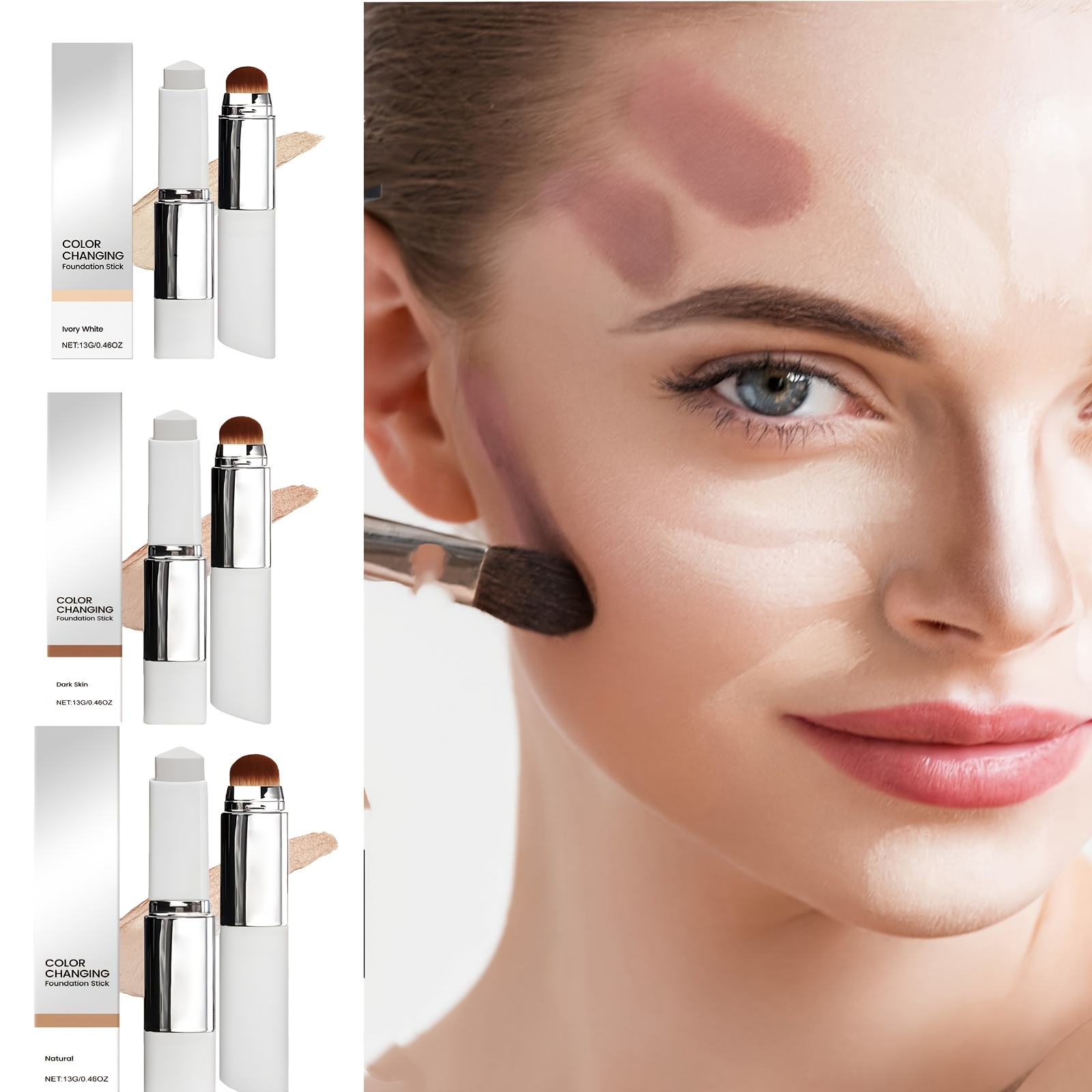 2 in 1 color changing foundation stick spring summer essential gift for girlfriend mother friend lightweight multi functional foundation stick with brush multi color       Product details 0