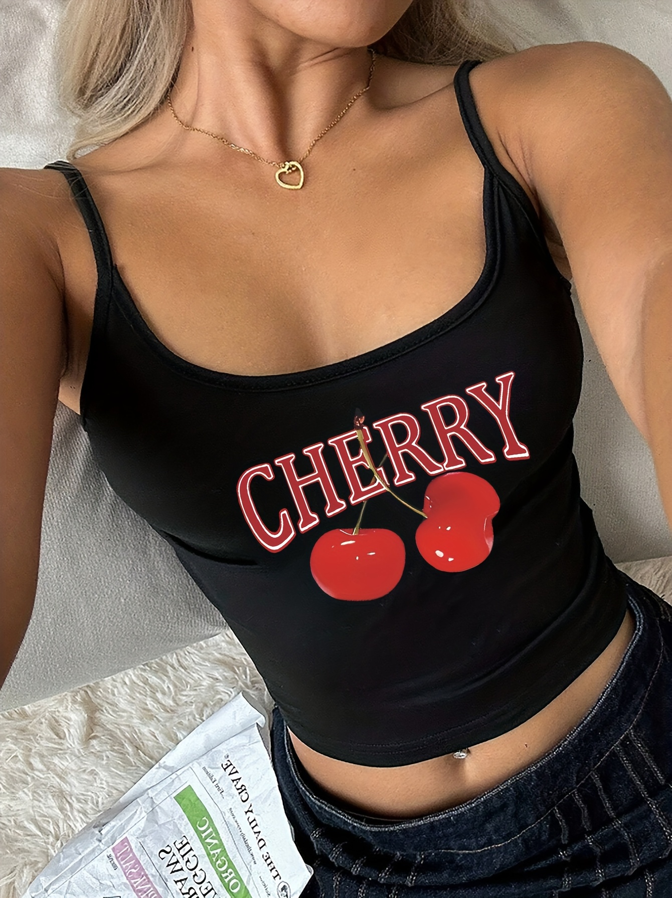 cherry print cami top versatile spaghetti strap top - Temu Mauritius