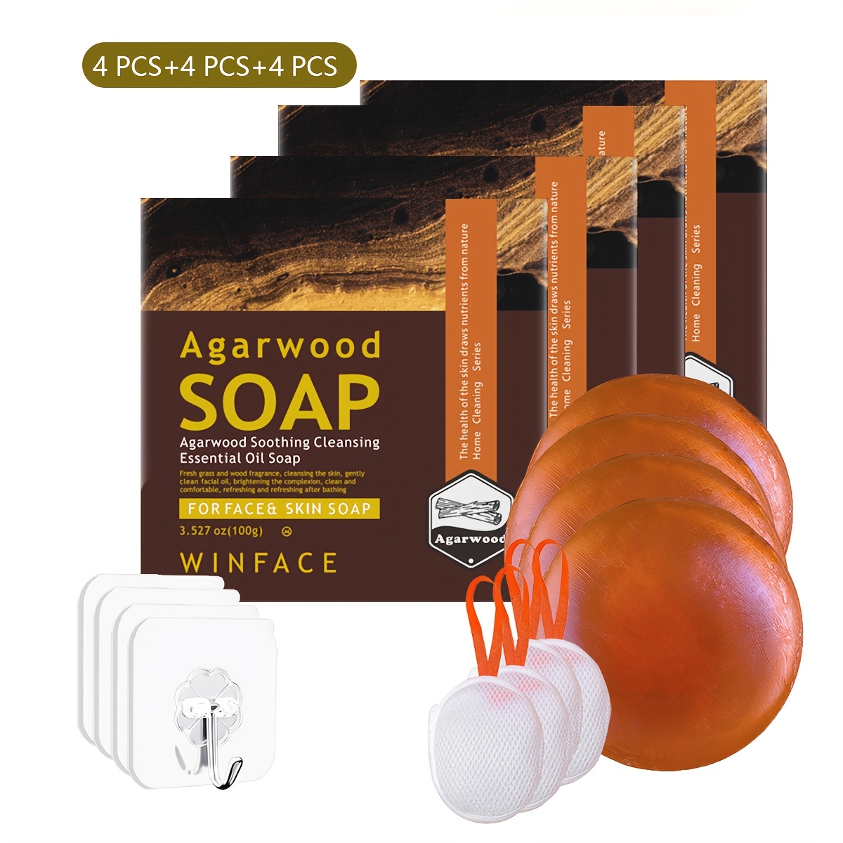 Image of 4pcs Agarwood Soaps And 4pcs Hooks And 4pcs Foaming Nets, Controlling Oil And Cleaning, , Essential Oil Soap, Natural Fragrant For Cleansing And Bathing, Suitable For Any Skin Type
