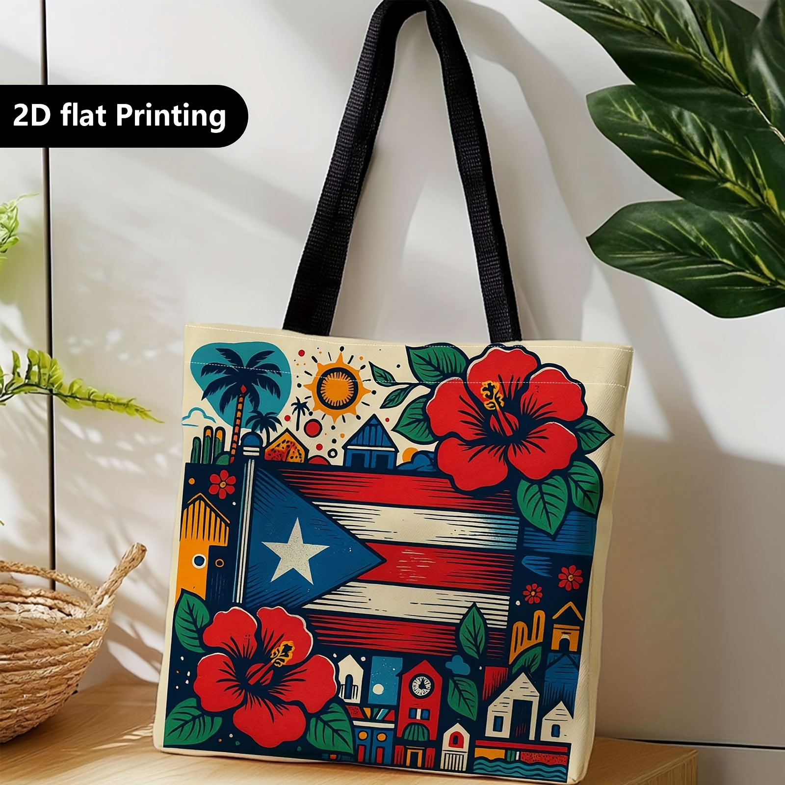 TEMU 1pc Double-sided Printing Puerto Flag Tropical Tote Bag - Made Of Puerto Rican Flowers And Hibiscus, Machine Washable Bag For Vacation And