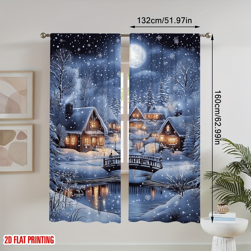 TEMU 2pcs Winter Curtain Christmas Starry Night Snowflake Misty Forest Natural Window Drapes For Room Decor, Best For Christmas
