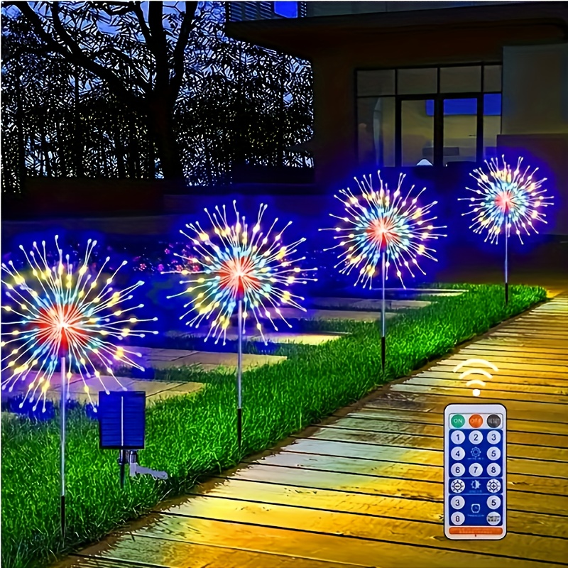 

4pcs Experience Magical Illumination With Solar Fireworks Lights, Waterproof, Energy-efficient, 8 Modes, Remote Control, Multicolor, For Holiday Garden Decoration