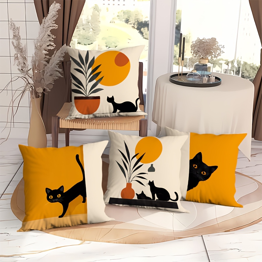 

4pcs Set Cute Black Cat Velvet Pillow Covers - Modern Orange, Single-sided Print, Living Room, Bedroom, Garden & Office Decor - Machine Washable, Zip Closure, Contemporary Style