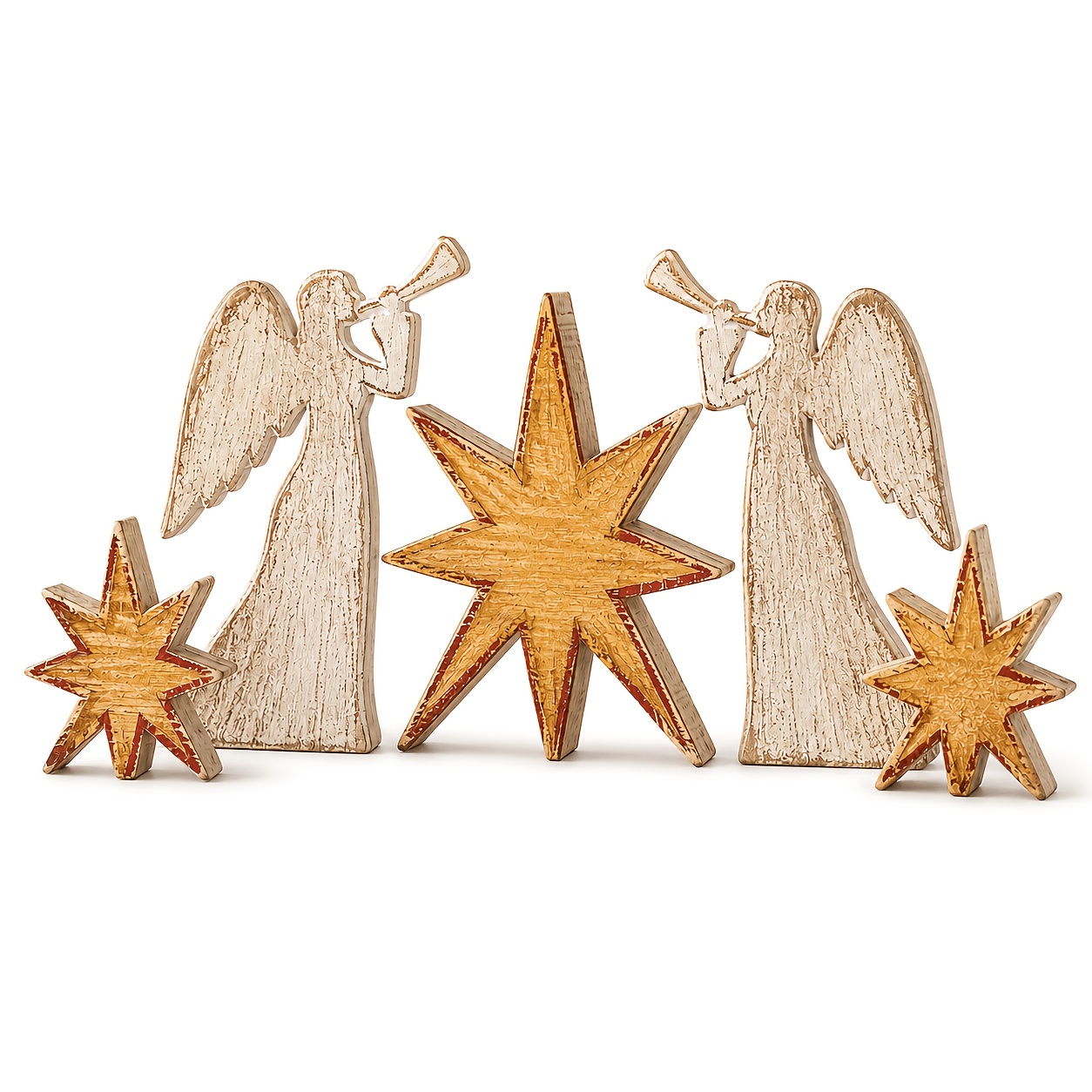 Image of Rustic Wooden And Star Christmas Figurines Set, Vintage Tabletop Ornaments, Farmhouse Tiered Tray Decor For Mantel Shelf Coffee Bar, Xmas Home Decorations Gift
