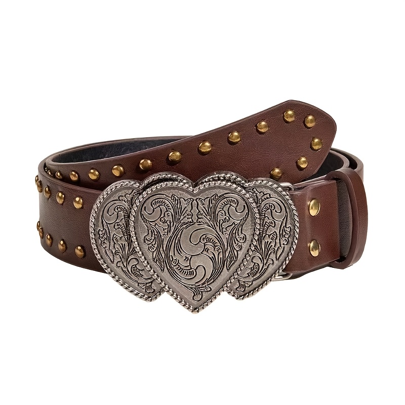 TEMU 1pc Vintage Carved Women's Belt, Heart And Rivet Style Party Sexy Street Elegant Double Western Style Wide Belt, Suitable For