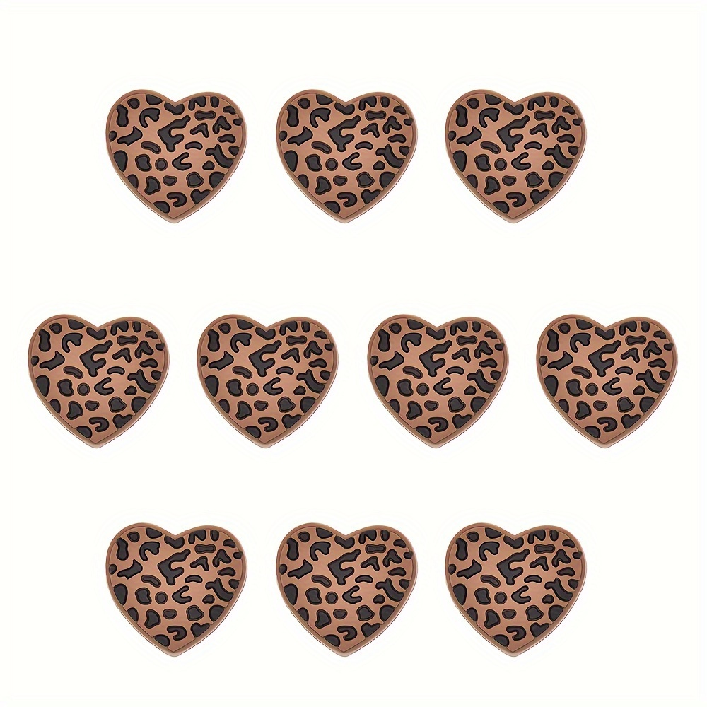 10pcs, Plastic, Brown Leopard Print Heart-shaped Beads, Loose Decoration, Suitable For Diy Production, No Pen