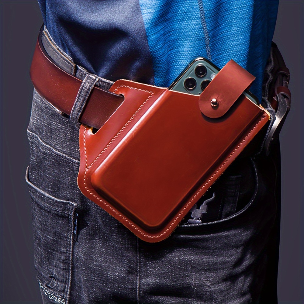 

Men's Genuine Leather Retro Mobile Phone Waist Bag, Ultra-thin Belt Clip Holster Waist Bag For Outdoor