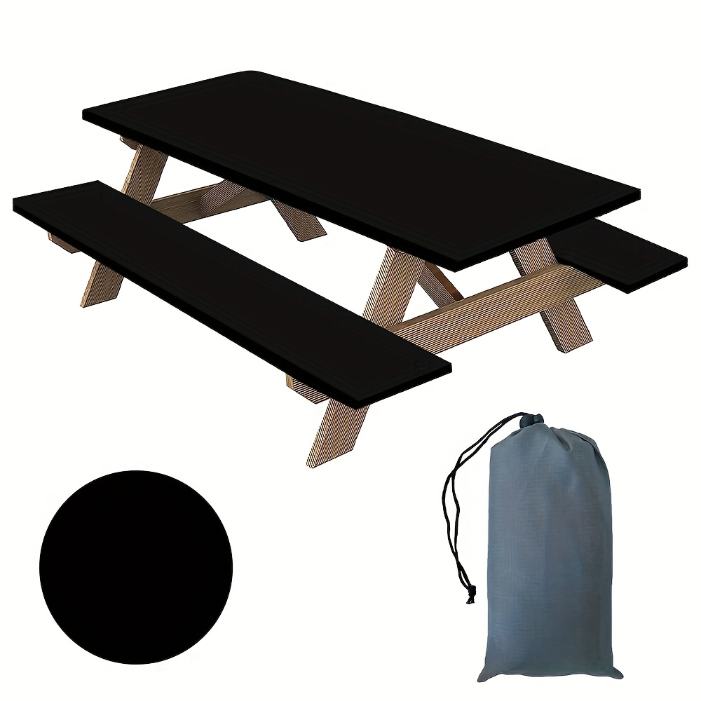 3pcs/set Solid Color Windproof Fitted Table Cover And Chair Cover For Picnic Camping Outdoor Party Decor, Durable Reusable Rectangle Picnic Table Cloth With 2 Bench Covers