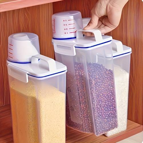 an airtight grain storage container with measuring cup pp material moisture proof and insect proof sealer for rice grain flour dog food kitchen pantry organization and of holding about 1500 2000 grams of rice