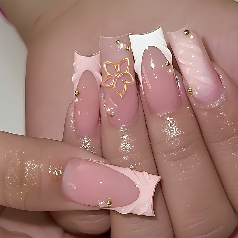 Image of False Nails Square Press-on Nails 24pcs, Floral Gilding Pearl Women's Fake Nails, Daily- Reusable, Includes Jelly Glue And Rubbing Strip