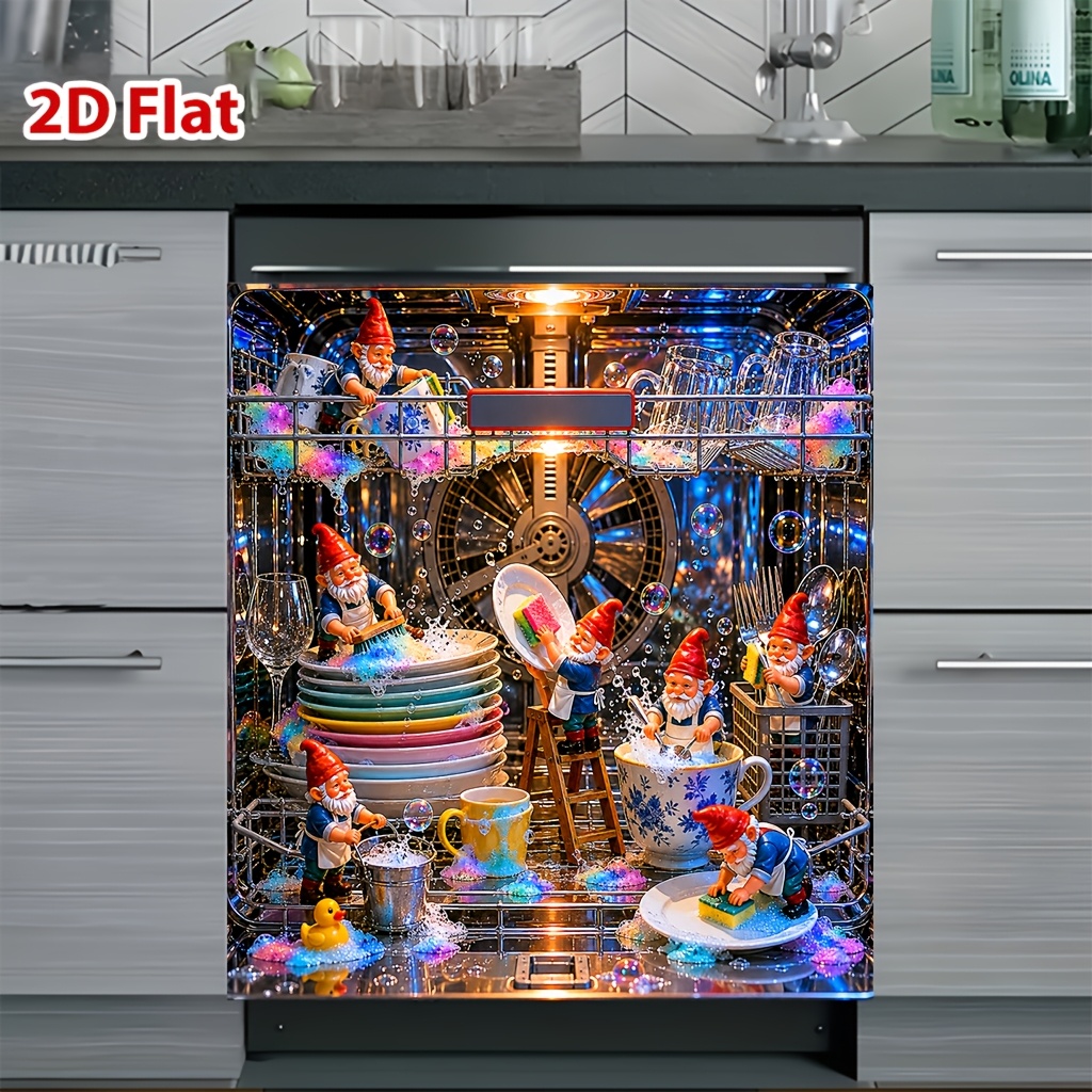 TEMU 2d Flat, 1pc Dishwasher Door Sticker, Kitchen Dishwashing Fun Illustration Pattern, Scratch-resistant And Easy To Clean, 23x25., Suitable For