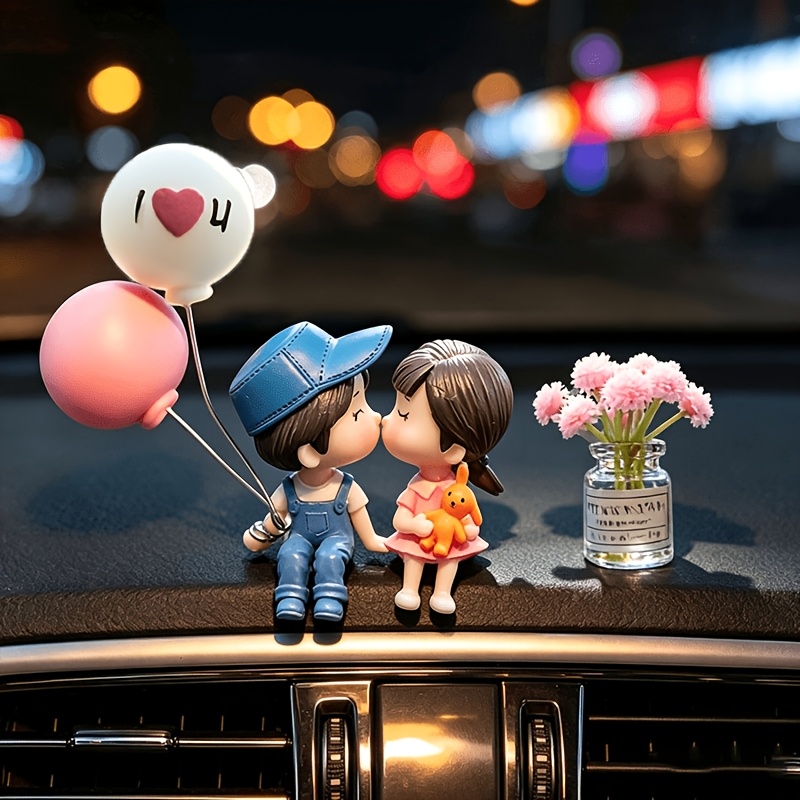 TEMU 3pcs/set Cute Cartoon Couple With Flowerpot Shape Car Ornaments, Balloon Decor Car Additions, Dashboard Interior Additions, Gift For Women,