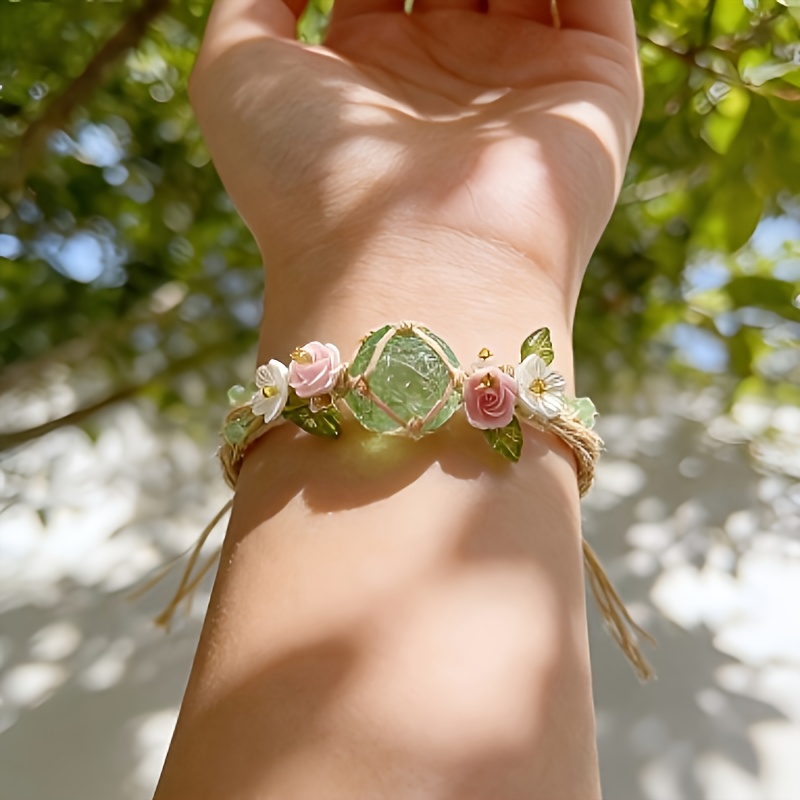 Adjustable Bohemian-Style Woven Bracelet with Green Crystals