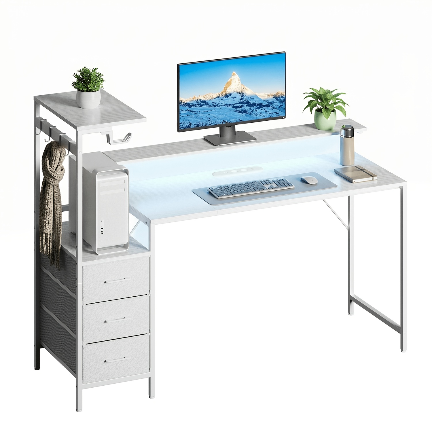 Gaming Desk With Built-in Rgb Lighting And Integrated Power Outlets, Equipped With Side Storage Cabinets And Monitor Mounts, Options In /gray/leopard Print, Ideal For Bedrooms And Offices