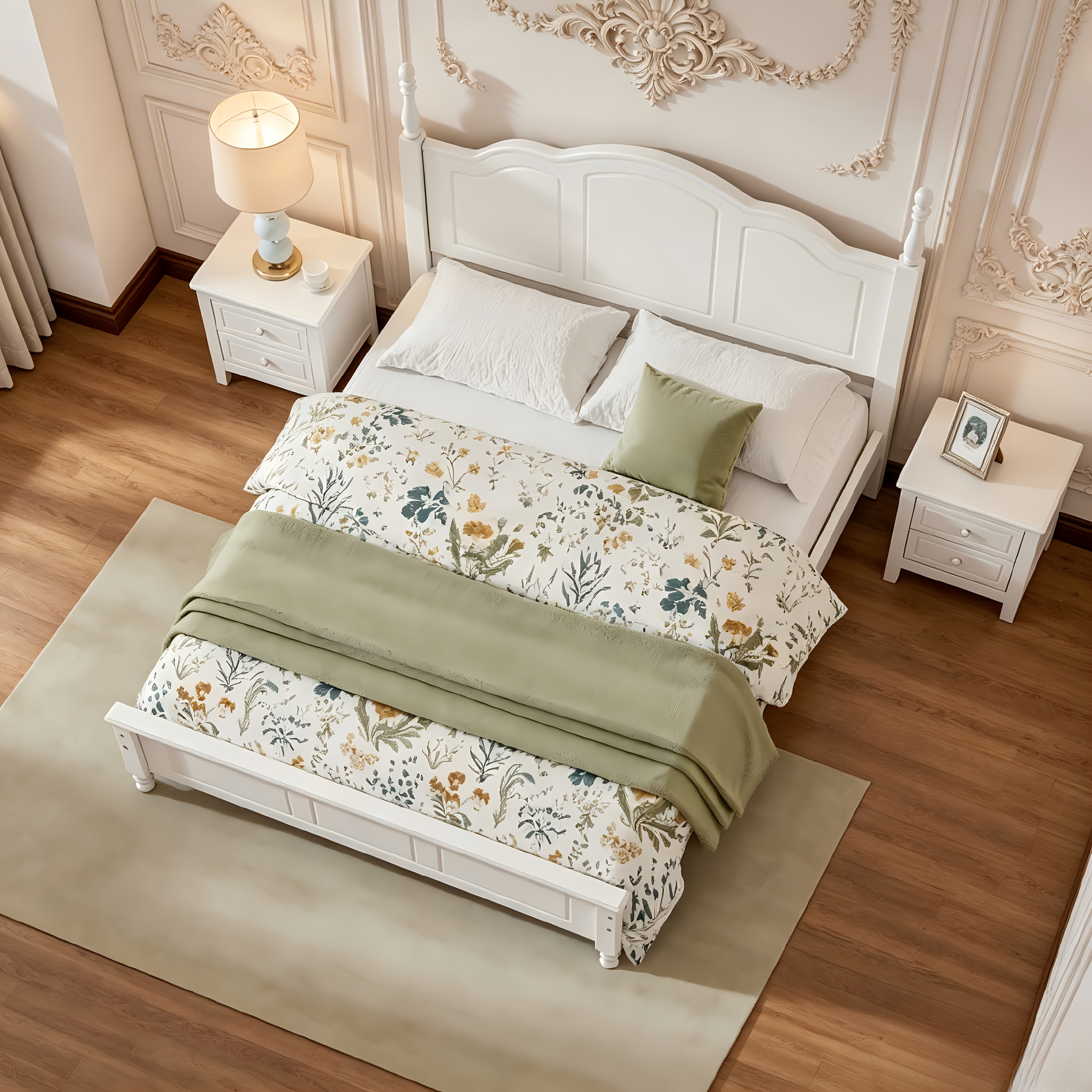 BELLEMAVE Queen Size Platform Bed Frame With Headboard, Wooden Slat Support, No Box Spring Needed, Easy Assembly, Sturdy Structure, Bedroom Furniture With Classic Vintage Design, White