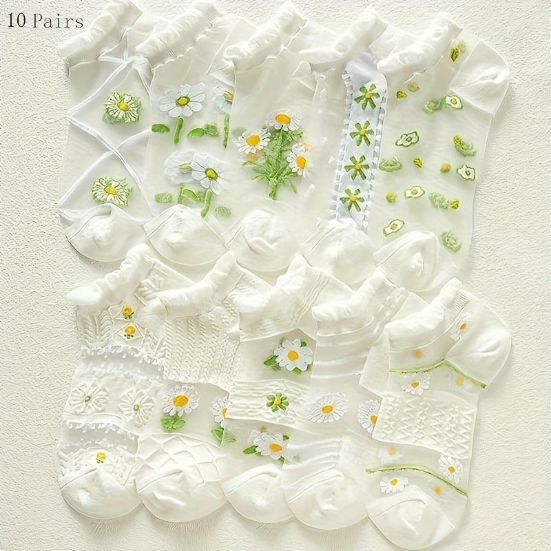 Image of 10-pair Summer Ultra-thin Breathable Lace Hollow-out Crystal Glass Fiber Fabric Short Socks Cassette Socks