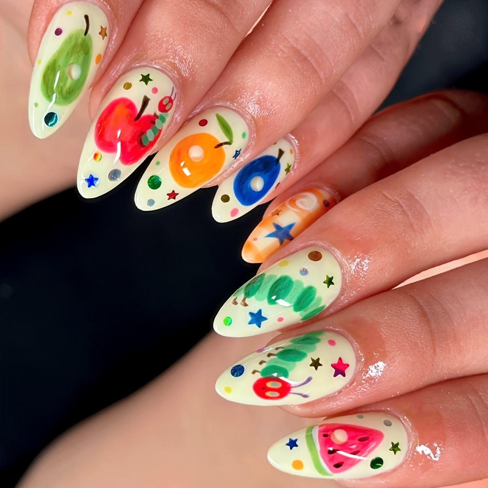 TEMU Faux Ongles à Presser Motif Pommes de Terre et Fruits Chenille Cartoon, Longs en , 24pcs Ongles Artificiels Doux Aquarelle Mignons pour l'Été,