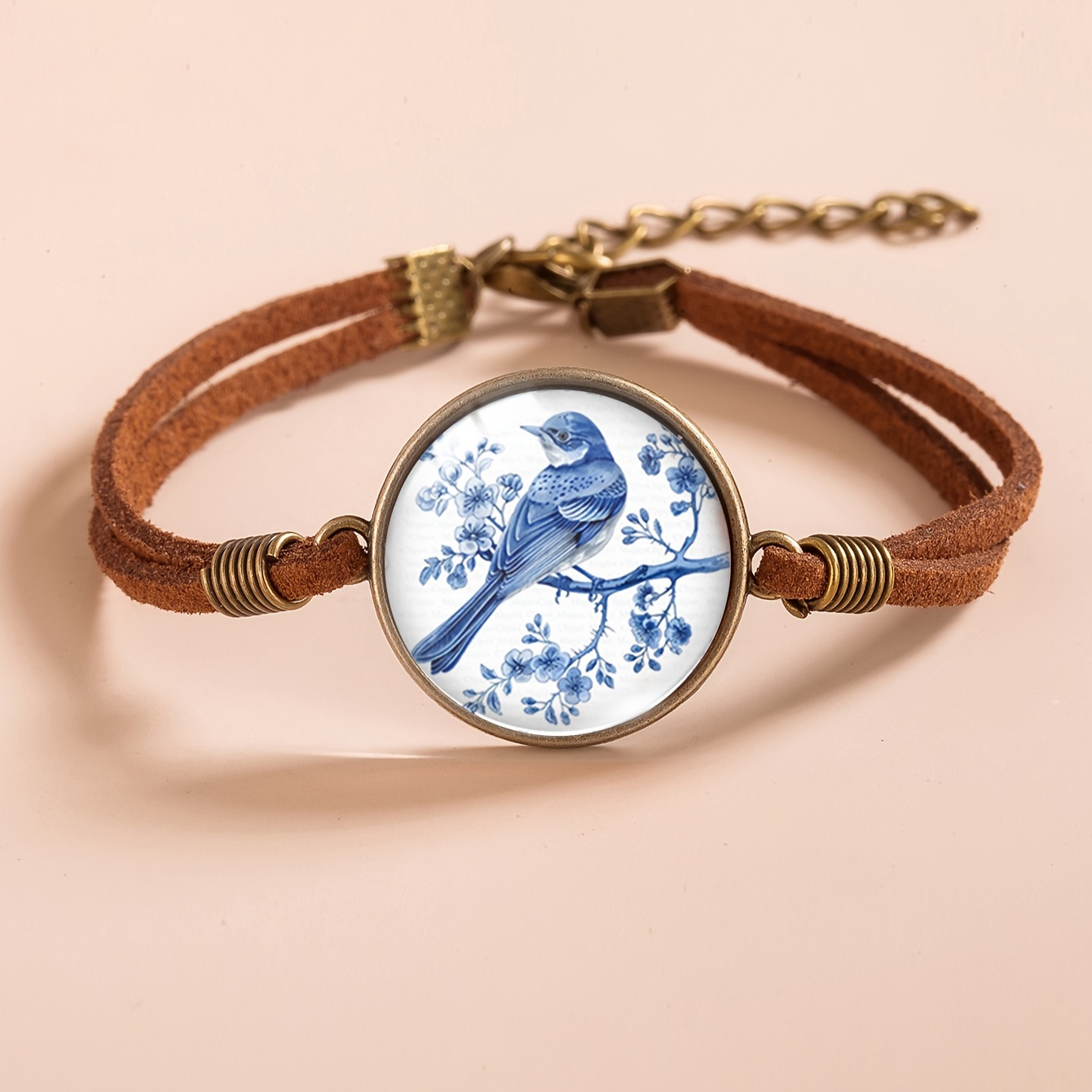 A Vintage Blue Branch With Birds And Blue And White Porcelain Pattern On Cord Women's Vintage Bracelet