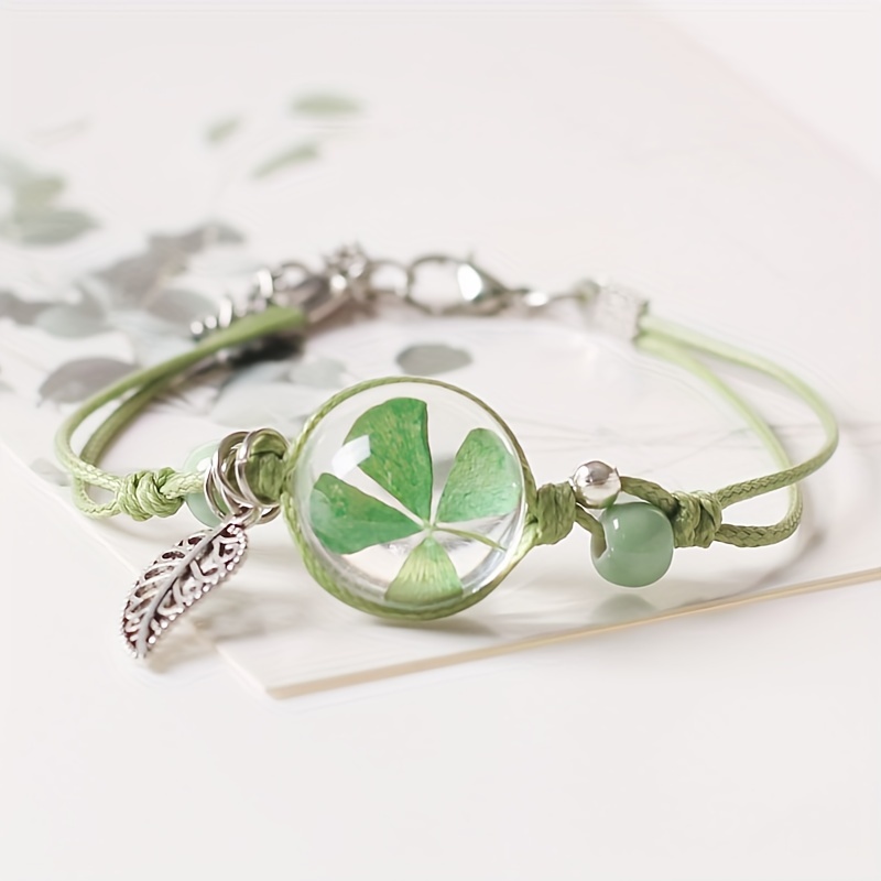 

1pc Four-leaf Clover Handmade Bracelet, Bohemian & Ethnic Style, Adjustable Woven Band, Unique Pattern And Color Variation, Lucky Charm Jewelry