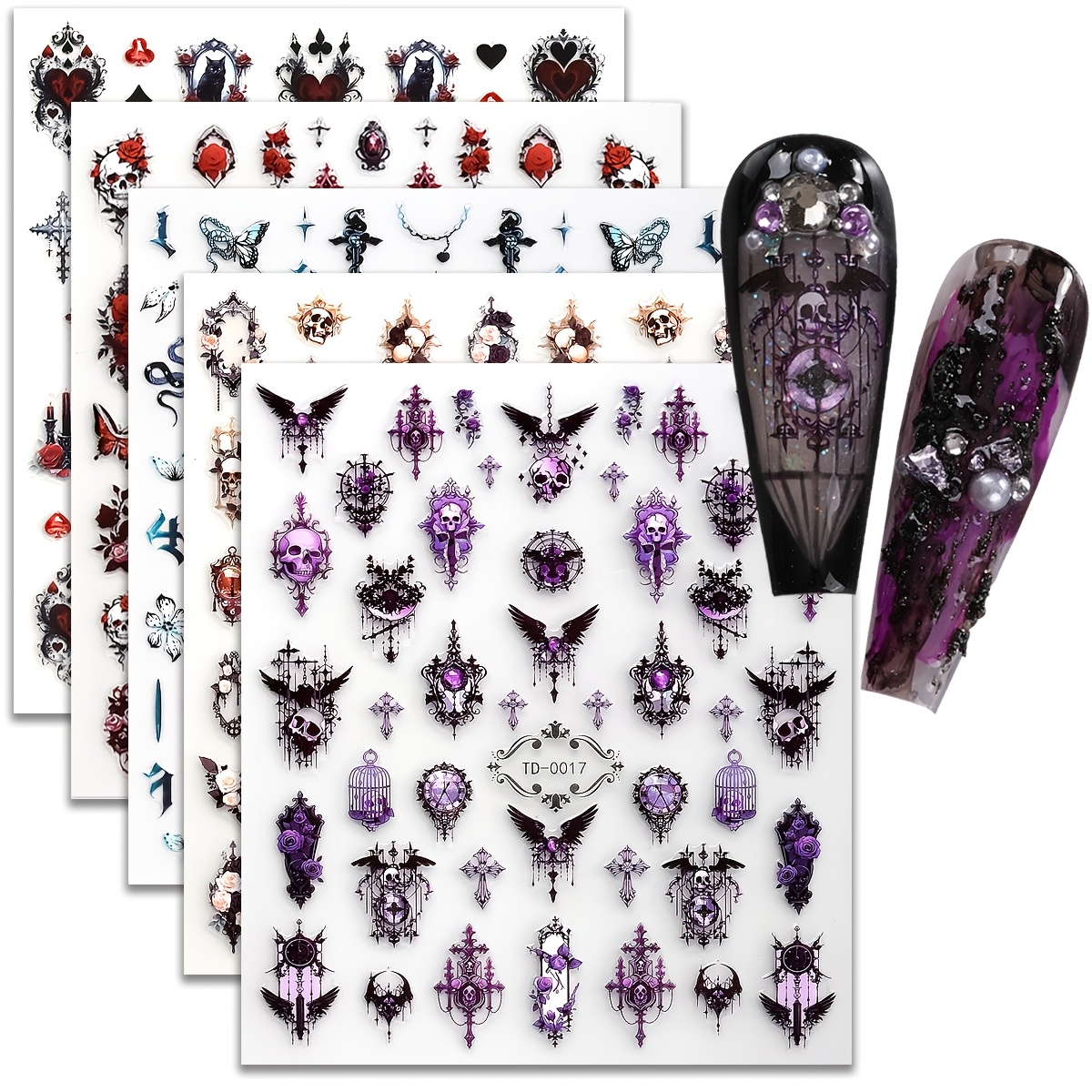 Image of 5pcs Set Of Embossed 3d For Nail Stickers, Gothic Style, , Purple Flowers, Witch Crystal Ball Pattern, Self-adhesive Stickers For Nail Art Decoration, Suitable For Women And, For Halloween