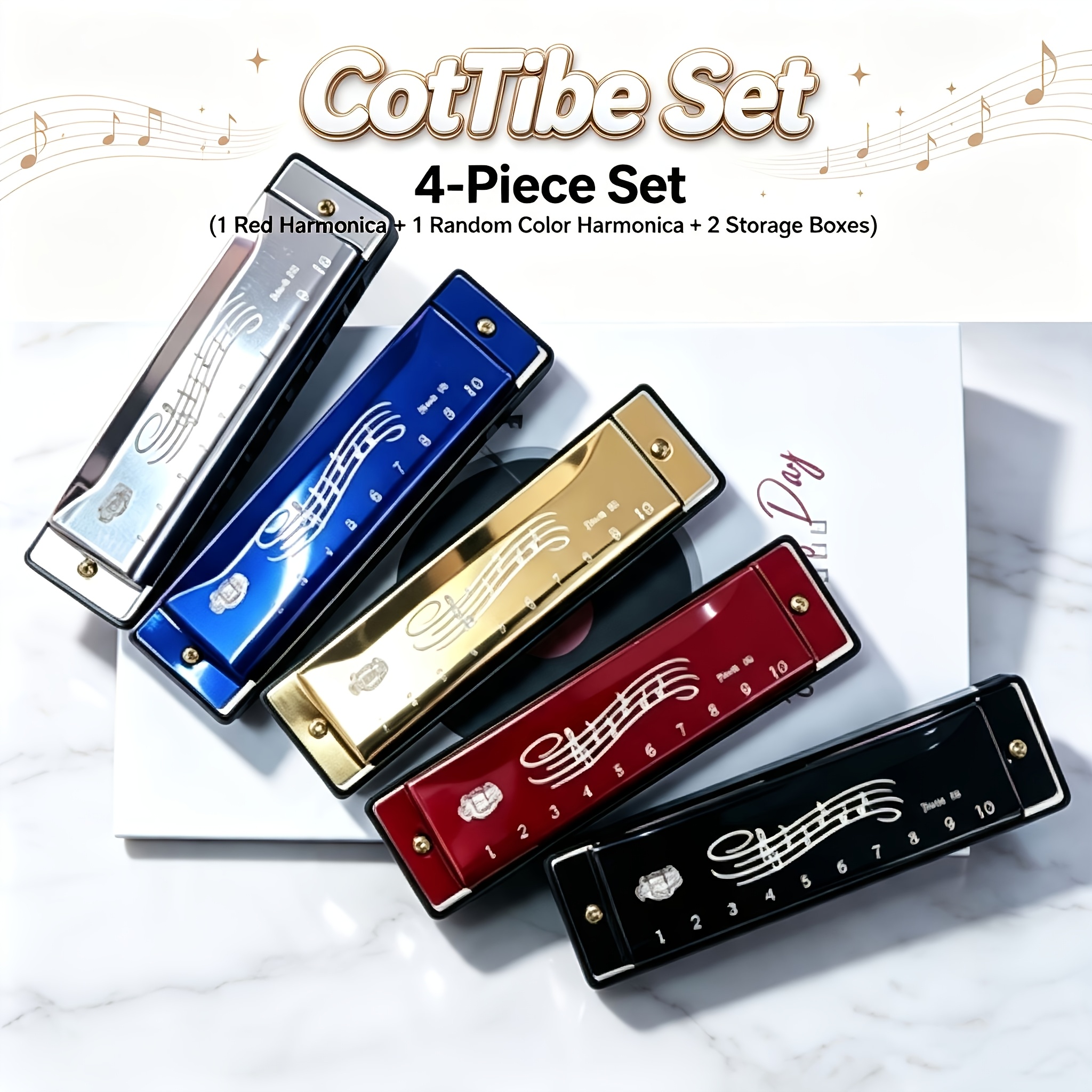 TEMU Cottibe 4pcs Set - (1 Red Harmonica + 1 Random Color Harmonica + 2 Storage Boxes) Colorful Metal Harmonicas With Storage Protective Cases,