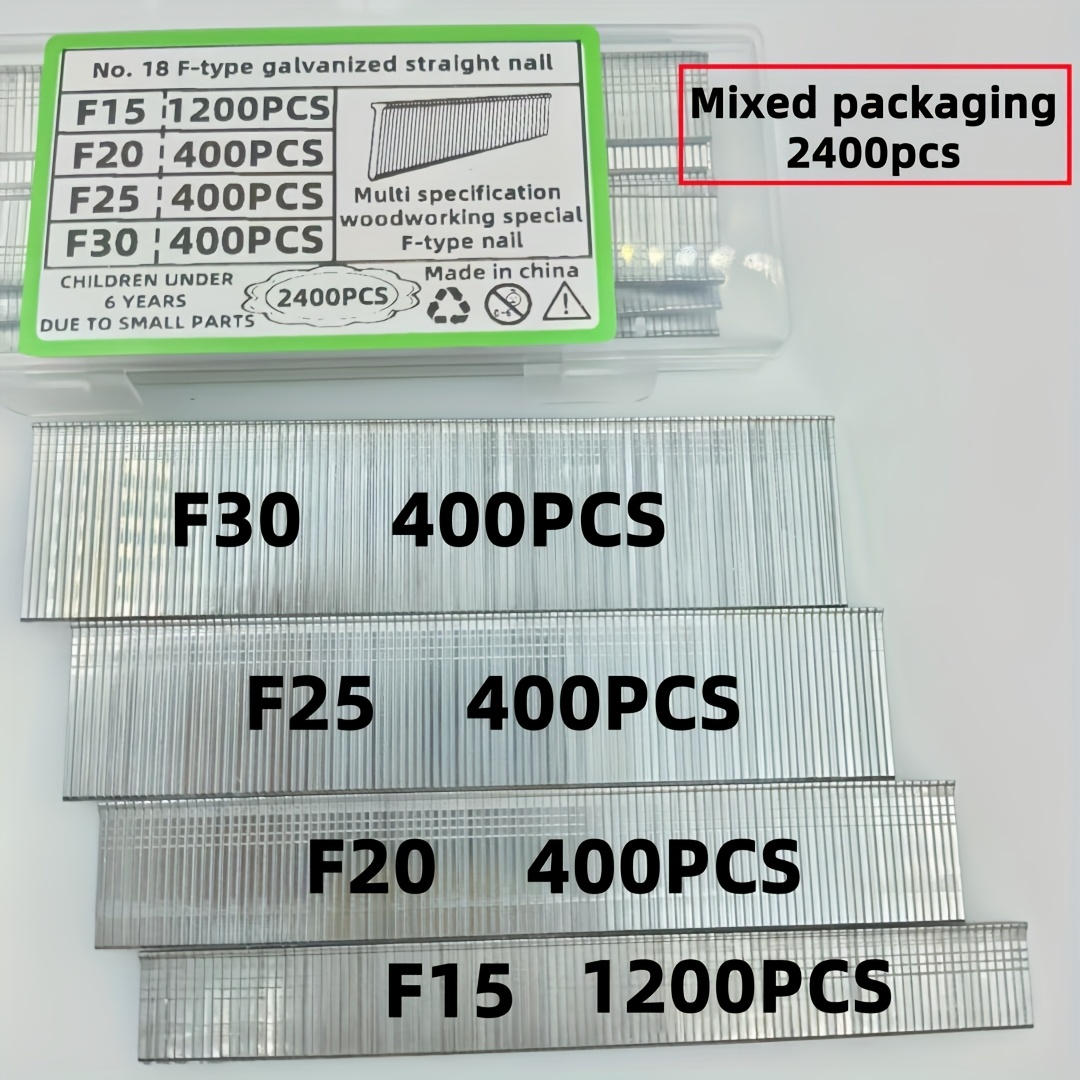 TEMU 2400 piezas, juego de clavos 18GA - combinación F15, F20, F25, capa galvanizada reforzada resistente al , ideal para decoración del hogar y