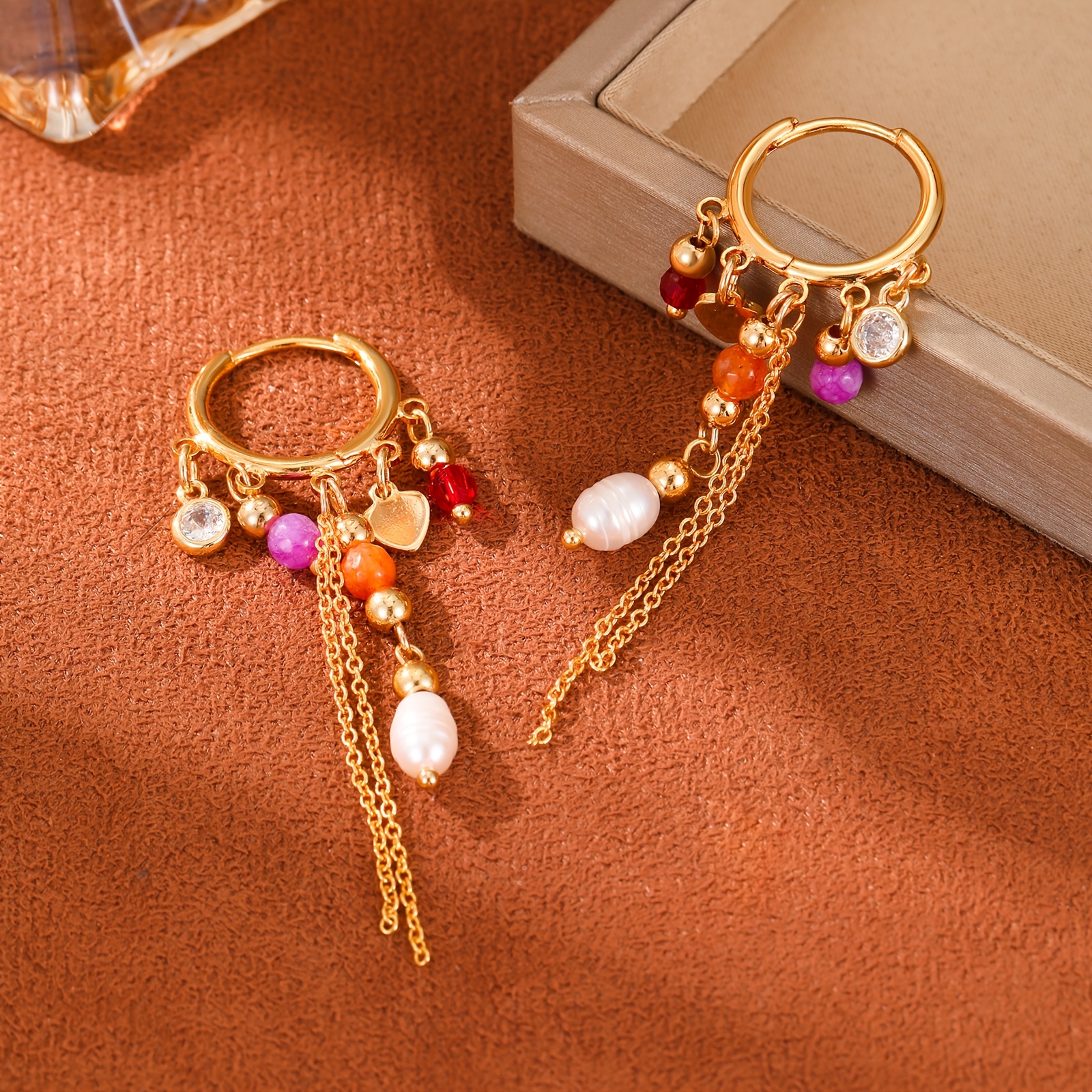 TEMU 1 Paire de Boucles d'Oreilles Boho à Franges pour Femmes, Boucles d'Oreilles Pendantes à Chaîne de Perles Multicolores, Boucles d'Oreilles