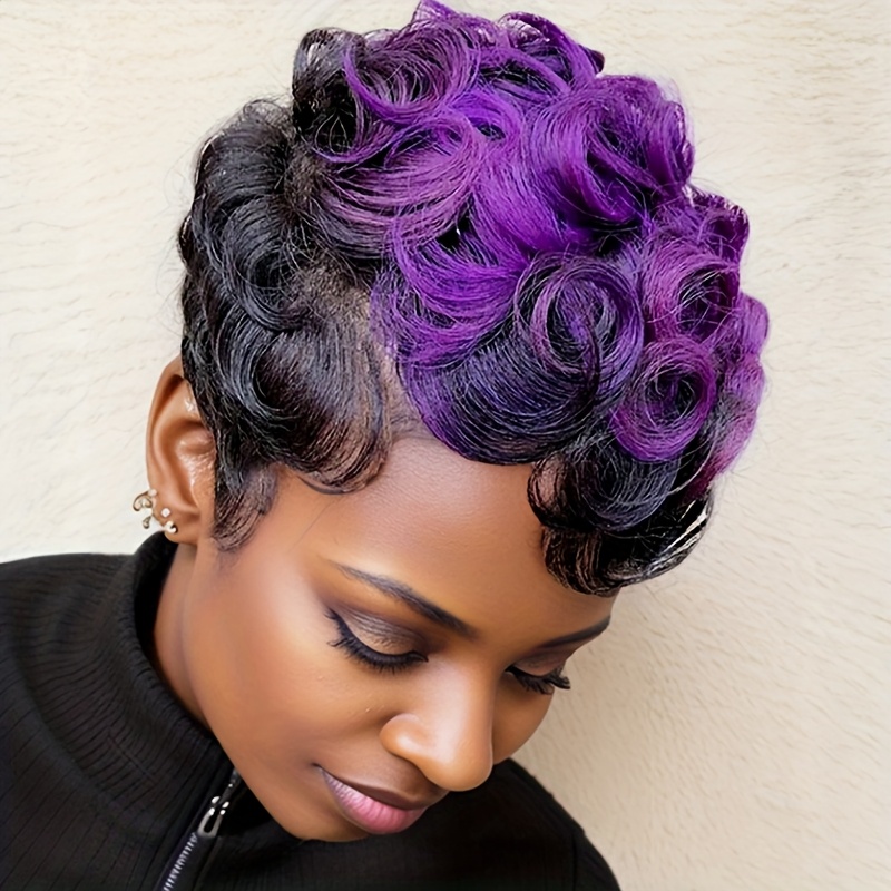 TEMU Short Black And Purple Mixed Wig For Women - Synthetic Curly Hair For Stylish Short Hairstyles