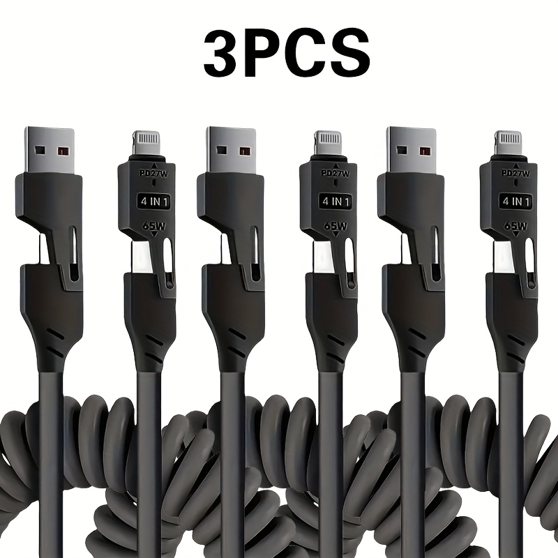 Image of 3pcs Pd 65w -in-1 Charging Cable Usb Cable Travel Car Charging The Spring Telescopic Charging Cable For Huawei Oppo For Iphone Ipad Series Of Products Charging Cable