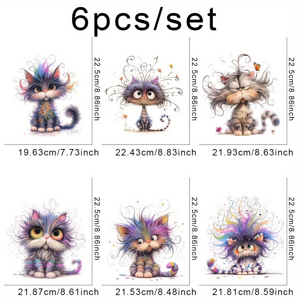 TEMU Lot de 6 Autocollants Thermocollants Chat Effrayé DIY - Lavables, Prêts à Presser pour T-Shirts, Masques, Jeans & Sacs à Dos