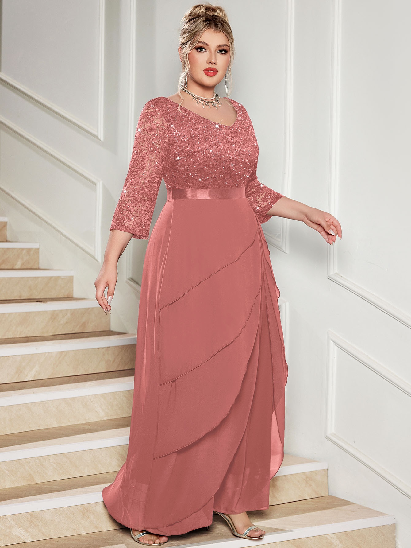 open lace back dress Floral Plus Size Dress With Sequin Bustier And Tulle Skirt