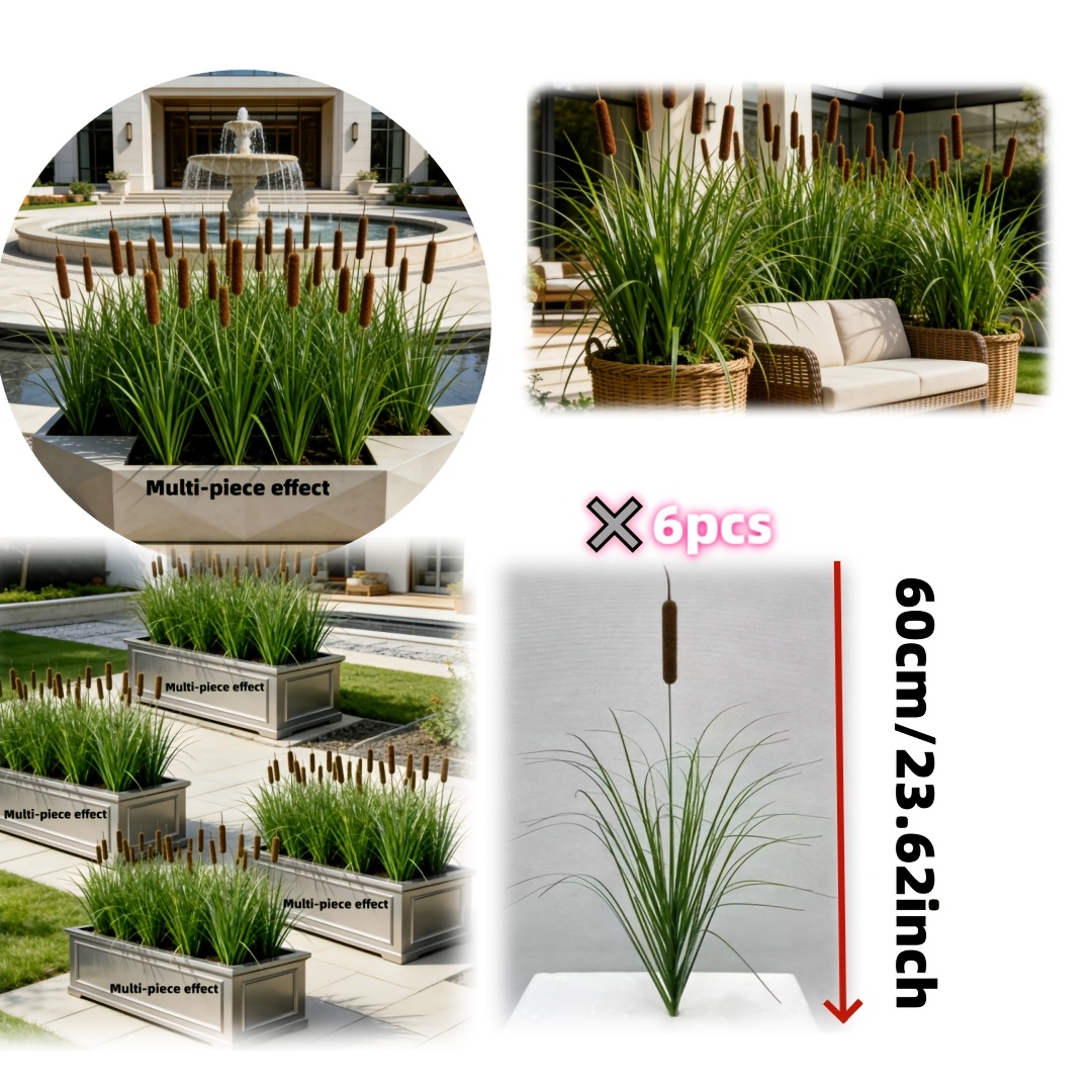 E-shop 6er-Set Premium künstliche Rohrkolben-Schilf & Fuchsschwanzgras im Boho-Stil, natürliche künstliche Blumendekoration für Außengarten,