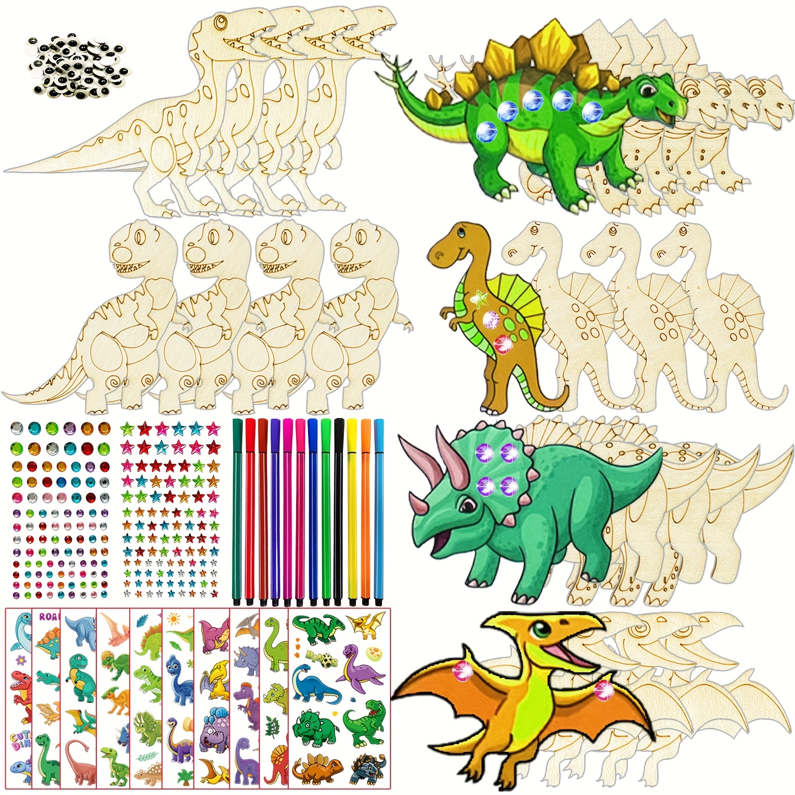 Image of 270pcs Children's Dinosaur Craft Set, Paintable Wooden Crafts, 6 Unpainted Dinosaur Wooden Craft Kits, Children's Birthday Party Crafts, Unfinished Craft Sets, Children's Crafts