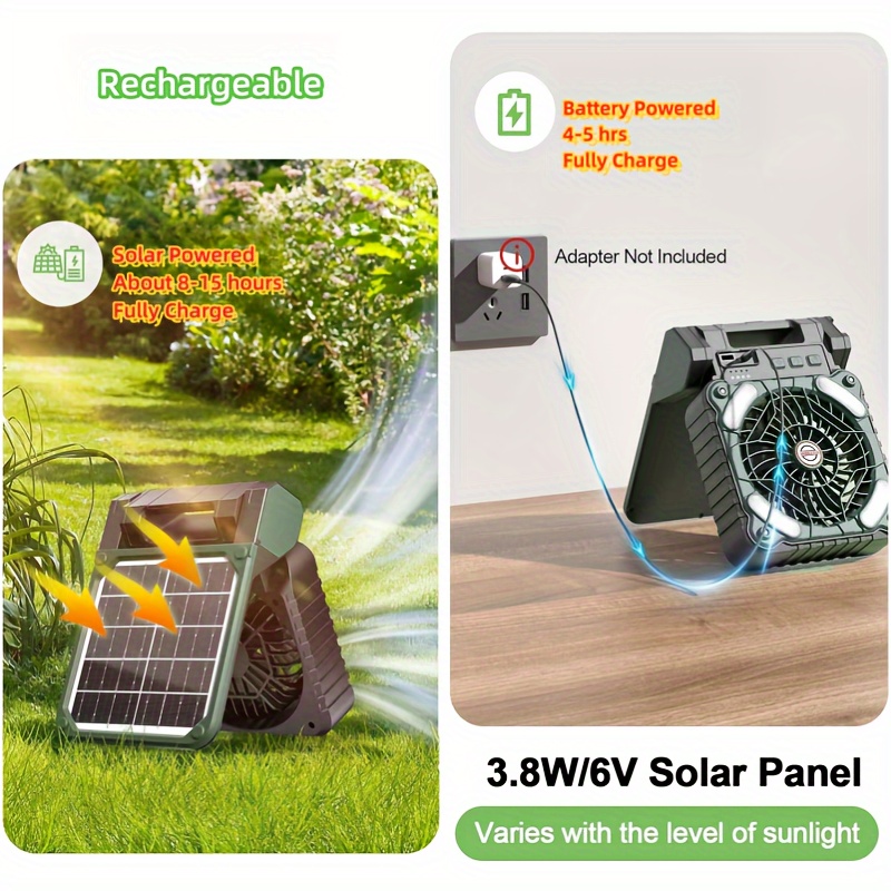 1pc solar powered led light and portable folding outdoor fan with usb charging antique abs material 36v operating voltage rechargeable lithium battery for camping and desk use details 1