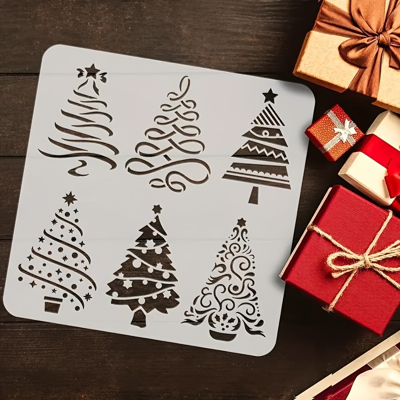 

Christmas Tree Stencil Set For Diy Crafts, 1pc 11.8x11.8 Inch Plastic Reusable Templates With 6 Unique Holiday For Painting On Wood, Floors, Walls & Windows