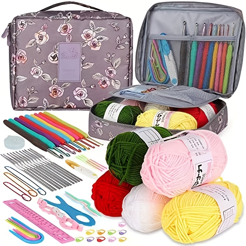 

Complete Crochet Kit For Beginners - Includes Yarn, Hooks & Storage Bag In Vibrant Colors (royal Blue/pink/purple) - Crafting Set, Crochet Supplies