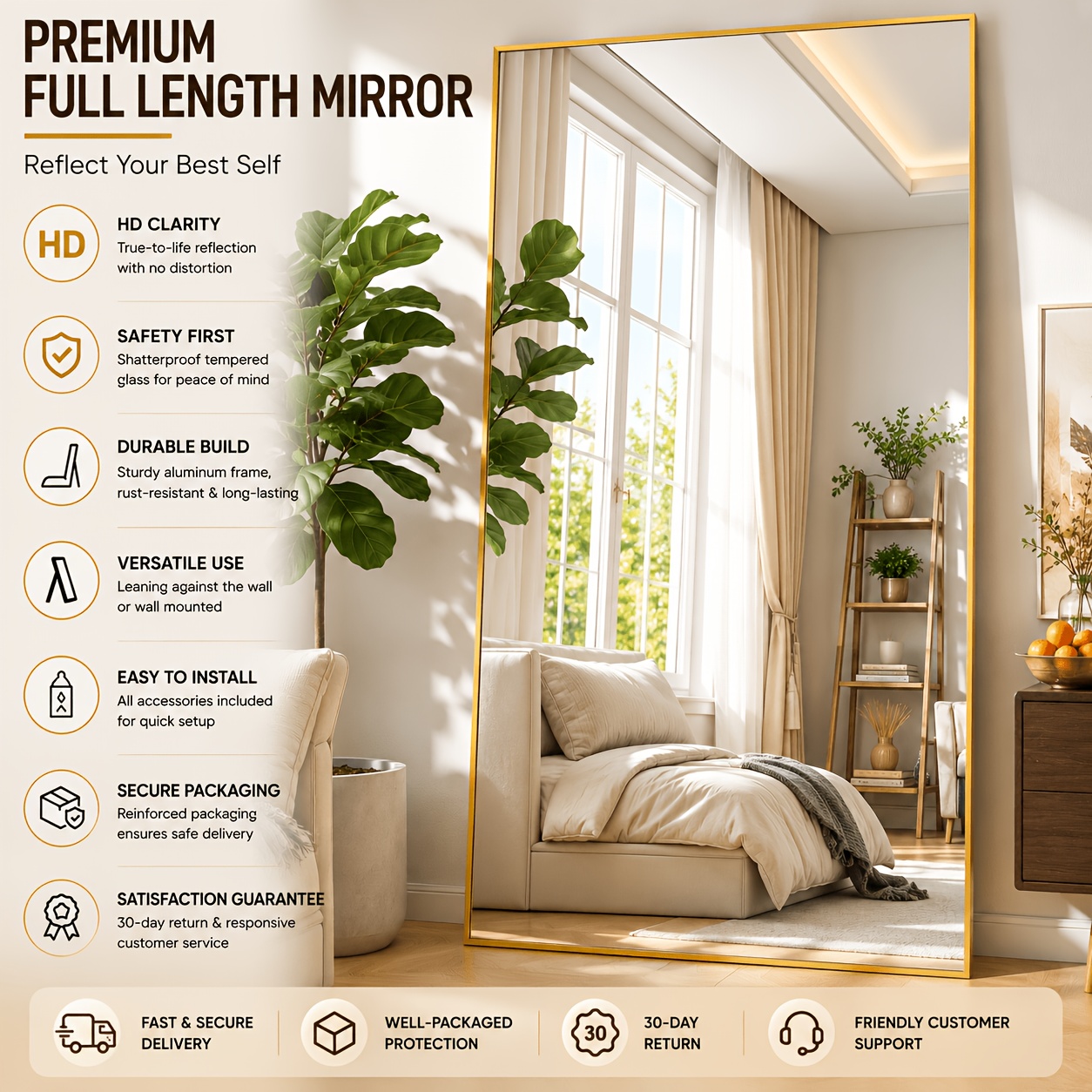 Image of 171 X 76 Cm Golden Wall-mounted Full-length Mirror, Large Rectangular Dressing Mirror, High-definition Body Mirror Suitable For Bedroom, Entrance, Closet, Living Room, And Hallway
