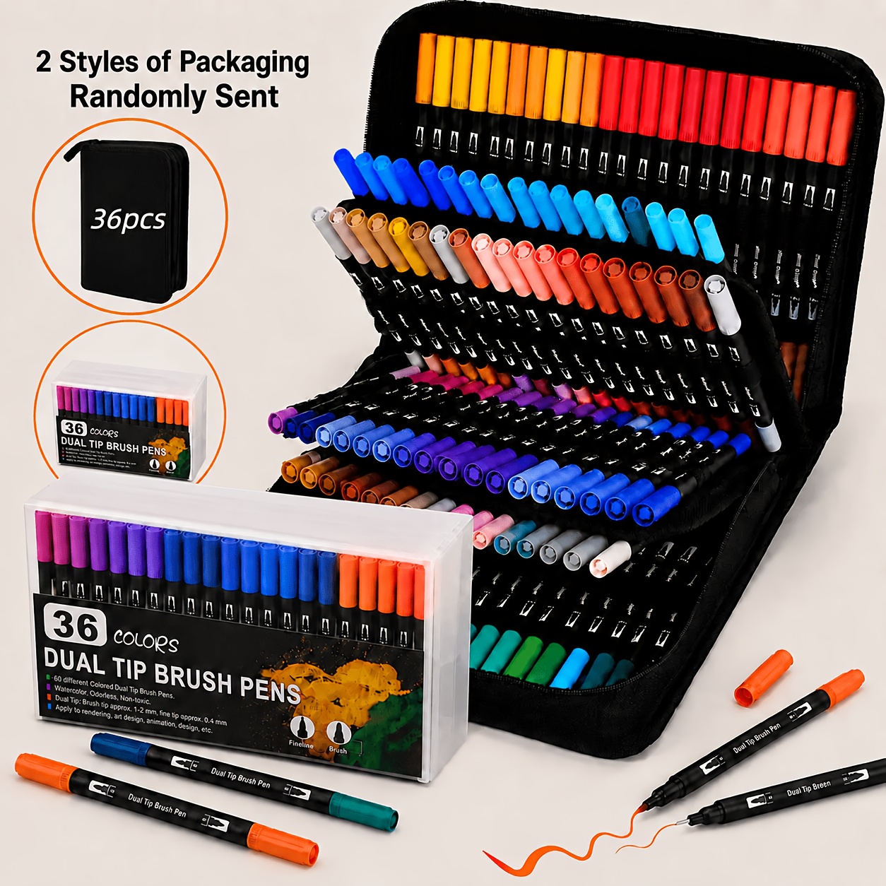 TEMU Creative Unlocked Via 36-color Dual Tip Brush Pen Collection, Dual Functional Soft& Perfectly Match Illustration, Handmade Decor And Artistic