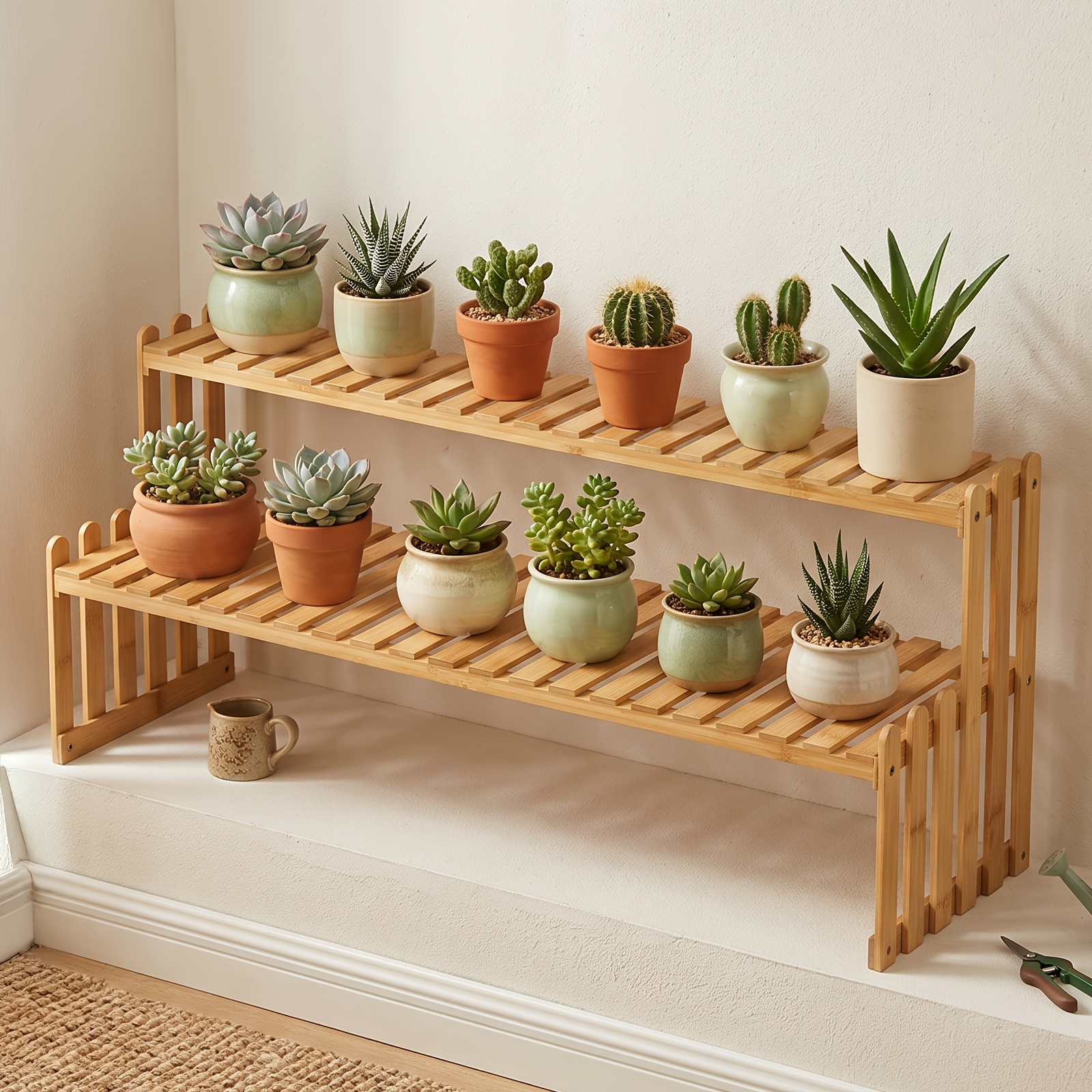 Image of Plant Stand, 2 Tier 70cm Wide Bamboo Shelf, Holds Multiple Potted Plants Succulents, Open Double Design For Display And Storage, Natural Wood Into Garden, For Balcony Patio Potted Plant Display