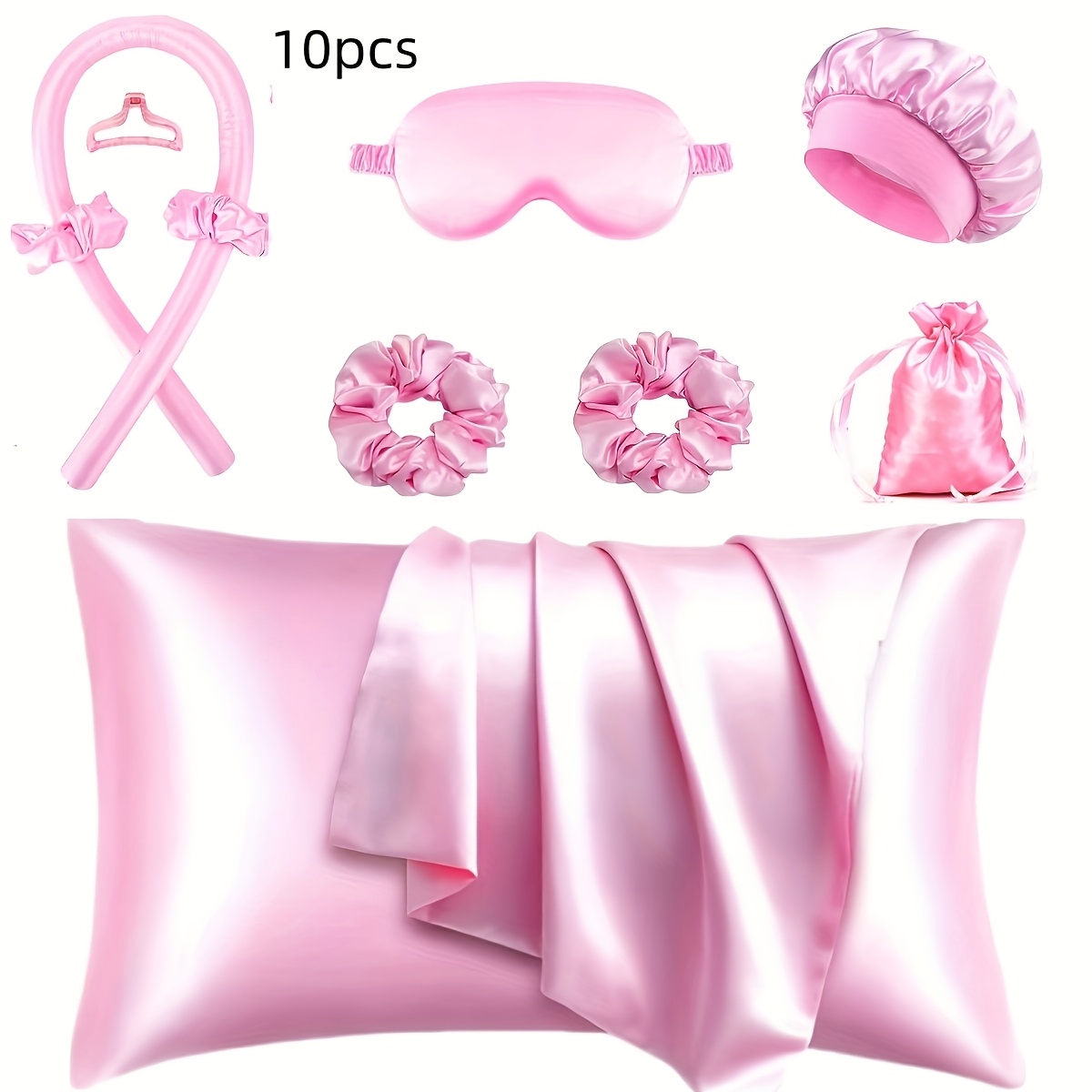 TEMU 9/10/12pcs Sleep Hair Styling Tool Set, Includes Rollers, 1 Damage- Pillowcase, 2 Large Hair Ties, 1 Mask, And 1 Sleep Cap For Hair And Set,