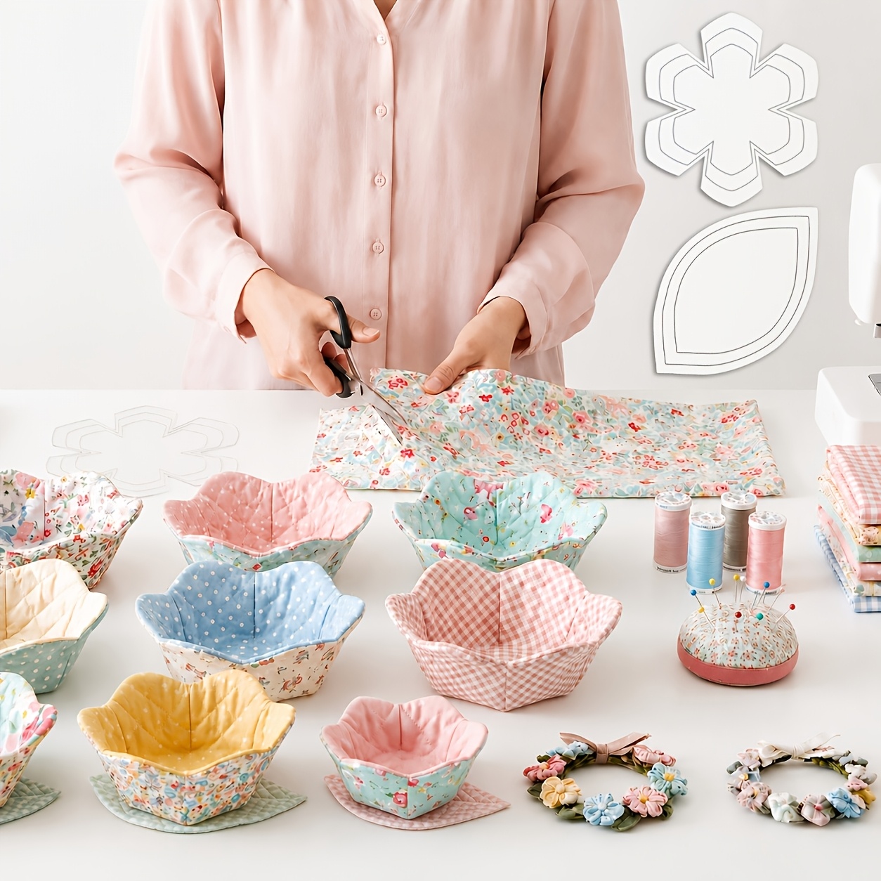 TEMU 6pcs Flower And Leaf Sewing Template Set, 2 Styles Of Templates With 3 Sizes, Suitable For Fabric Bowl Warmers And Tote Basket , Reusable