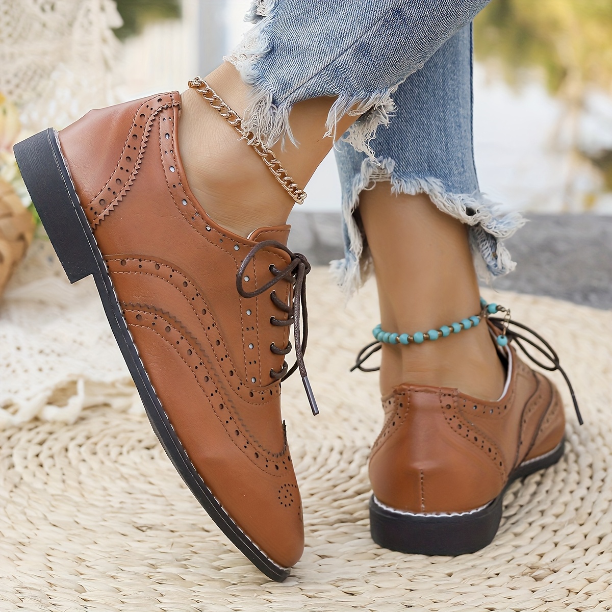 womens classic brogue oxfords solid color lace plain toe Temu