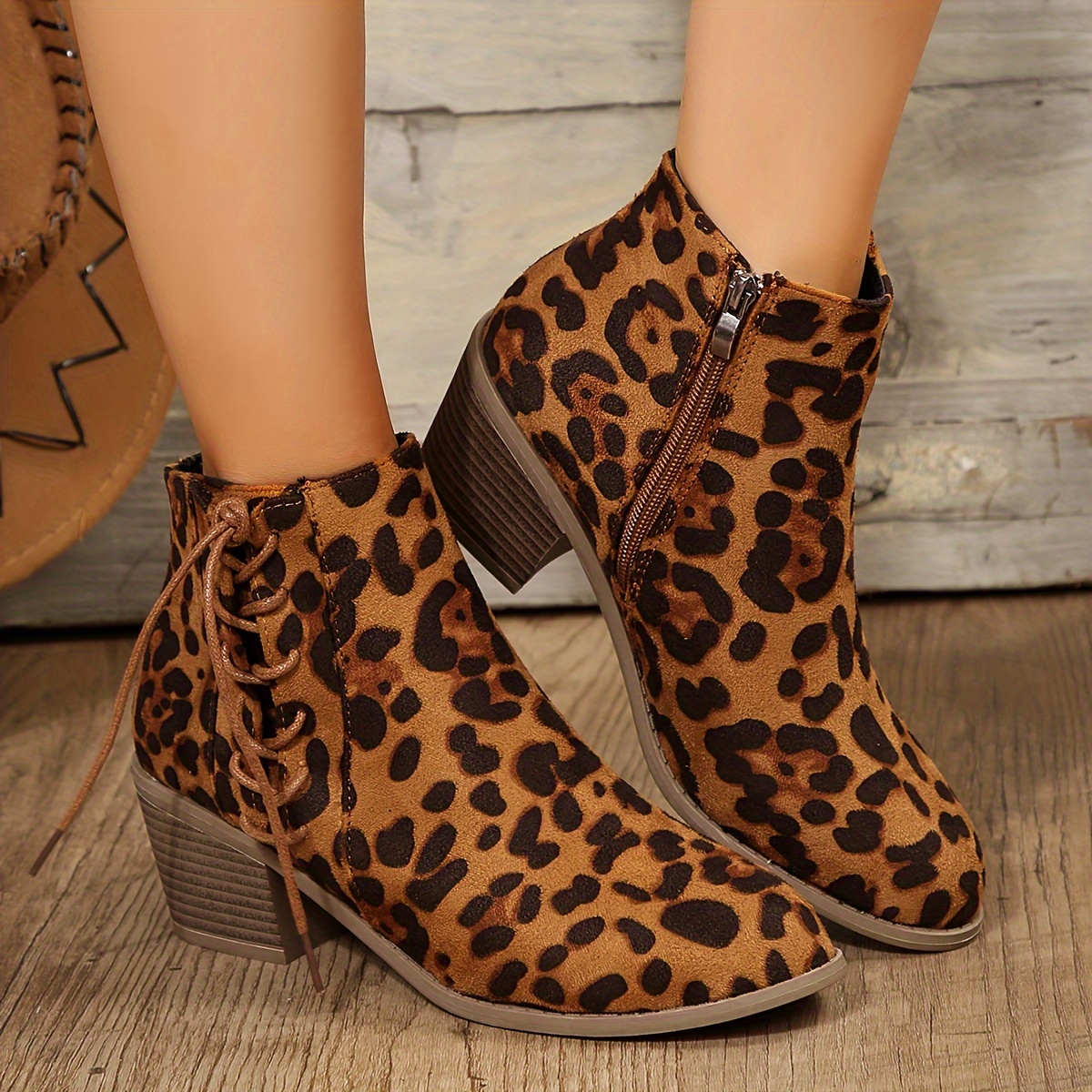 Womens Leopard Print Chunky Heel Boots Toe Temu New Zealand