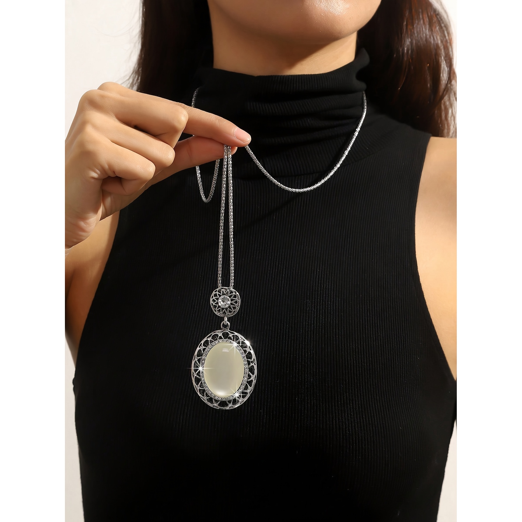 TEMU Nouveau collier long à pendentif ovale rétro tendance pour femmes, chaîne de pull