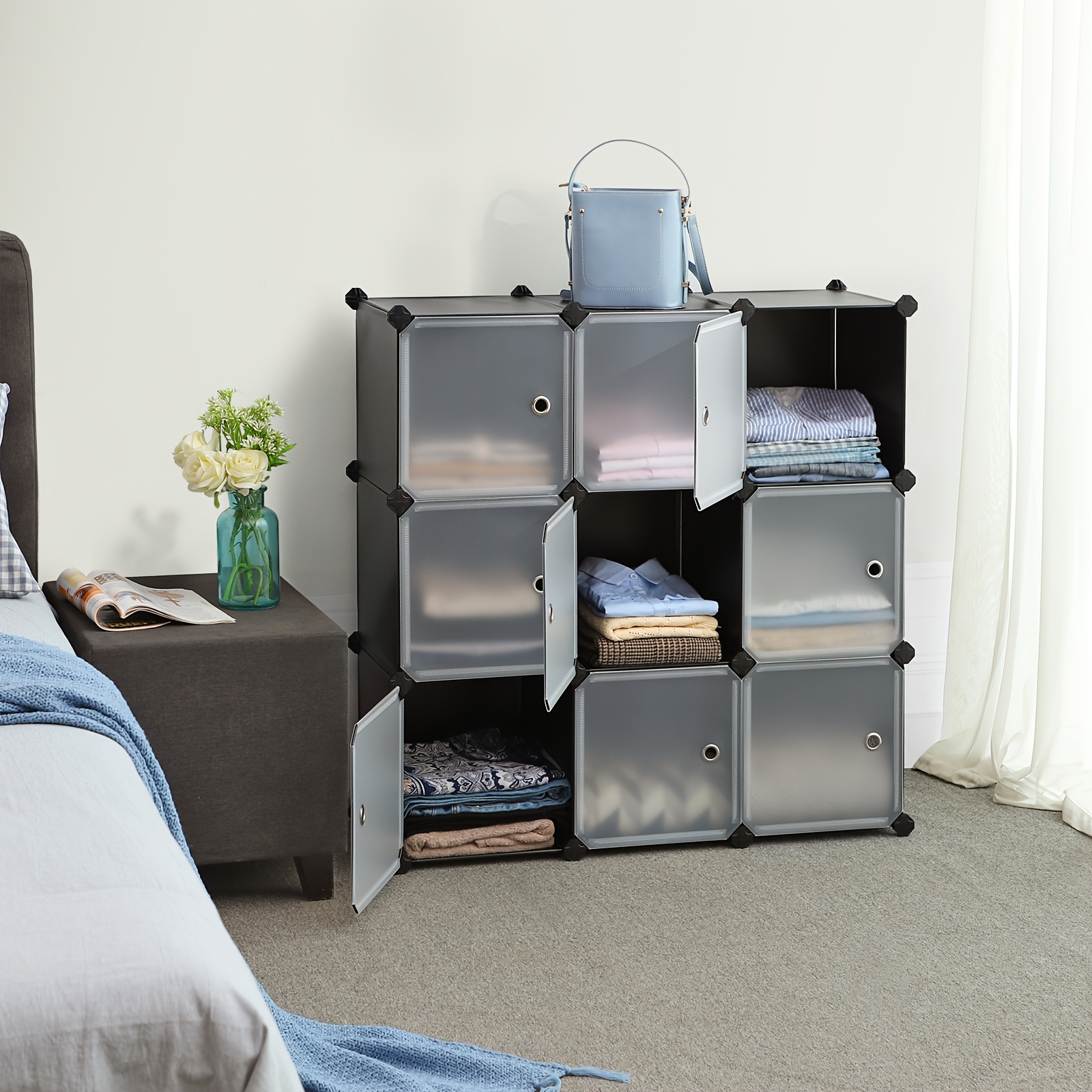 Image of 9-cube Storage Organiser Unit, Plastic Closet With Doors, Modular Cabinet For Clothes, Shoes,, Books, Easy To Assemble