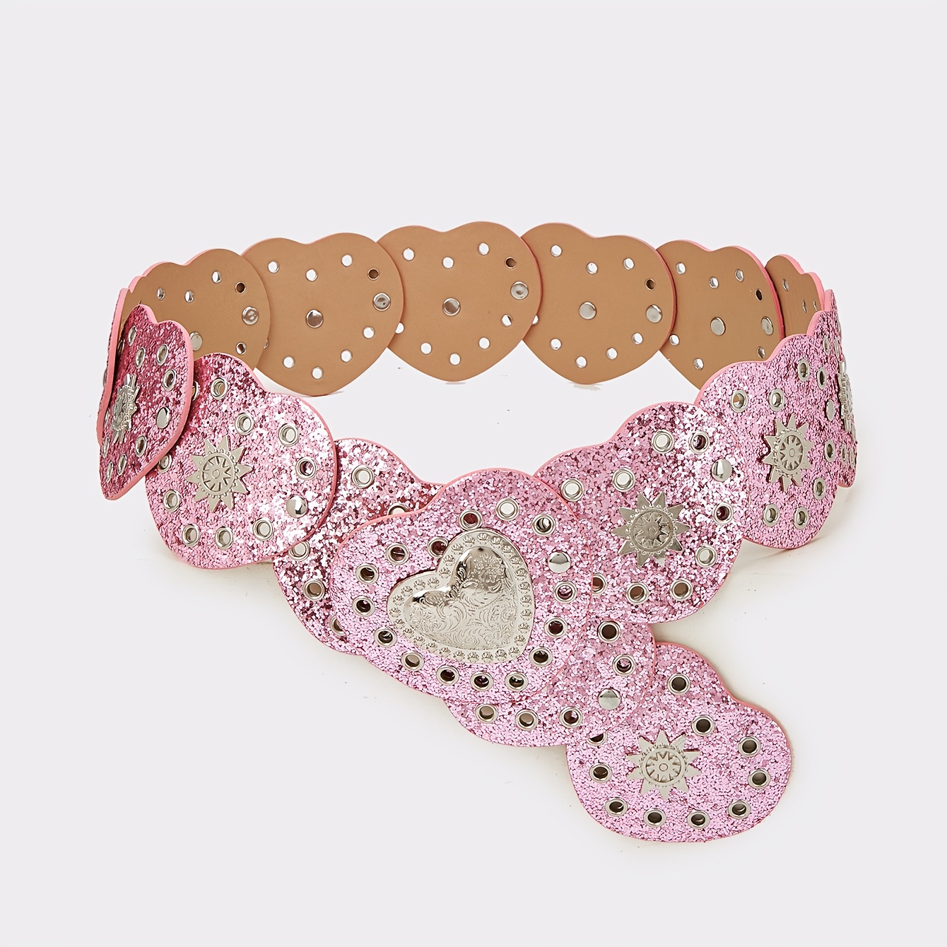E-shop 1 Stück Damen Glänzender Rosa Herz Gürtel, Hohle Pailletten, BOHO, Y2K, Passend mit Mantel Jeans Rock, Geeignet für Party, , Freizeit Reise,