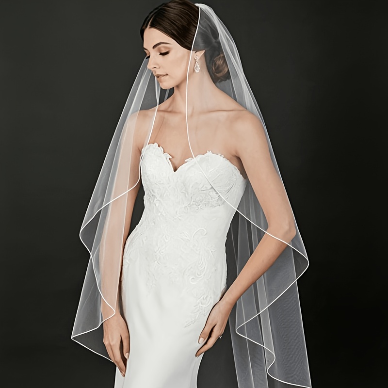 TEMU A Plain Bridal Wedding Banquet Veil Lock-stitched Edges, With A Simple Wedding Dress And Soft Tulle Veil, Including A Hair Comb