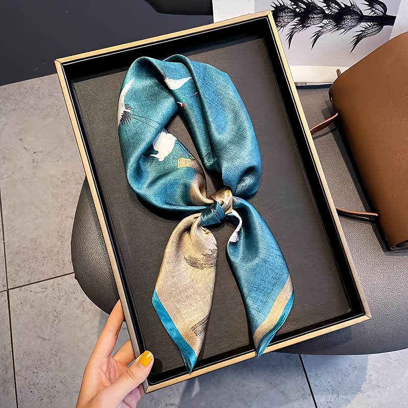 TEMU Authentic Chinese Pattern Scarf - Neck Scarf, Song Design, Elegant Turquoise And Crane Motif - Luxurious Cultural Gift, Women's Wedding, Formal